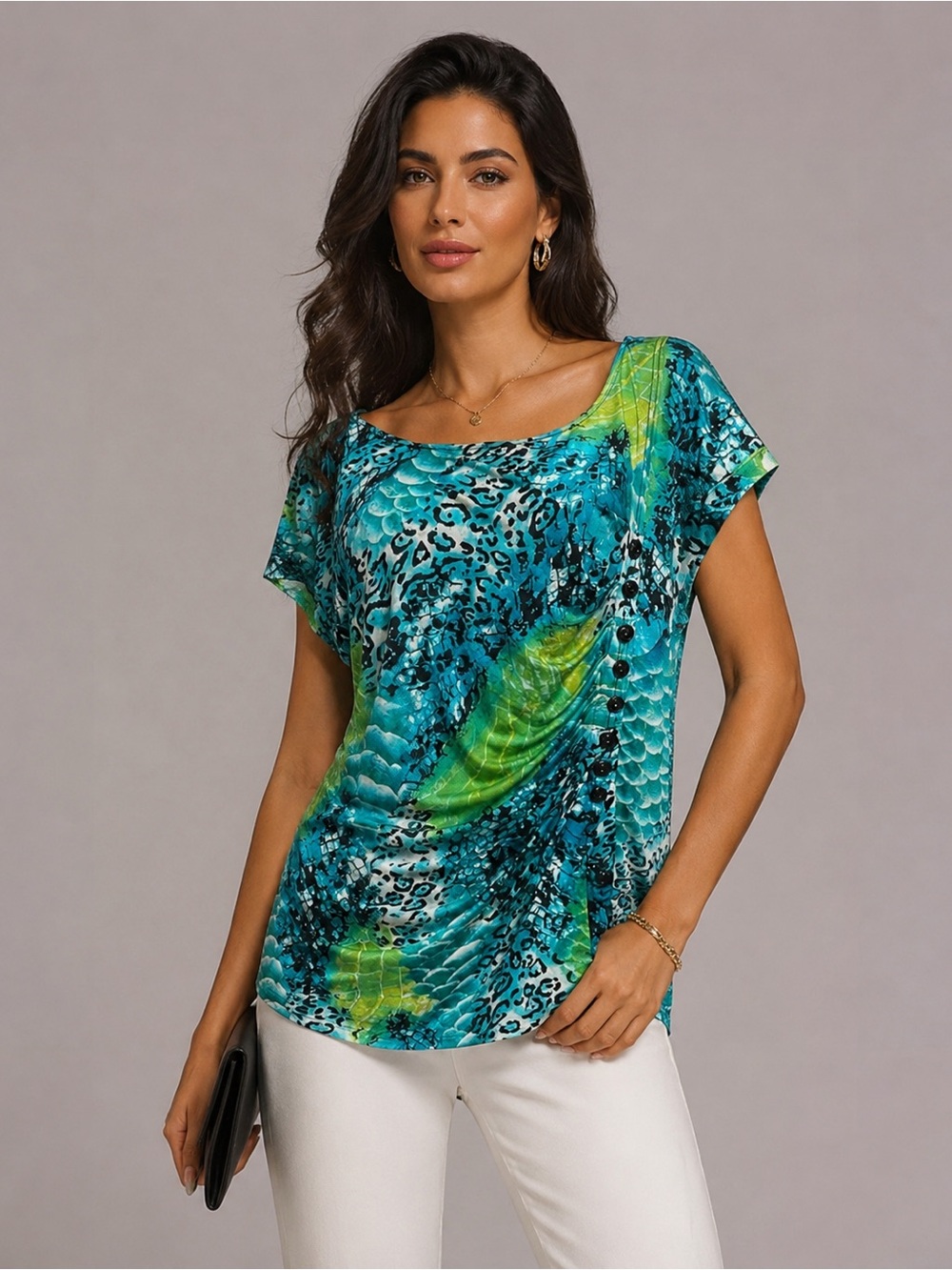 Soft Works Women’s XXL Teal Lime Animal Print Tunic Blouse Preloved - A10